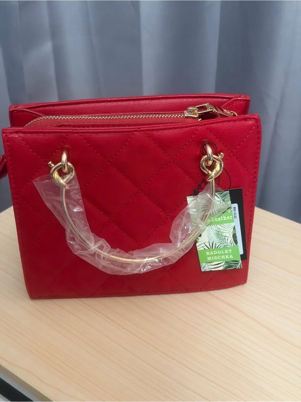 Badgley Mischka Red Quilted Satchel with Gold Accents